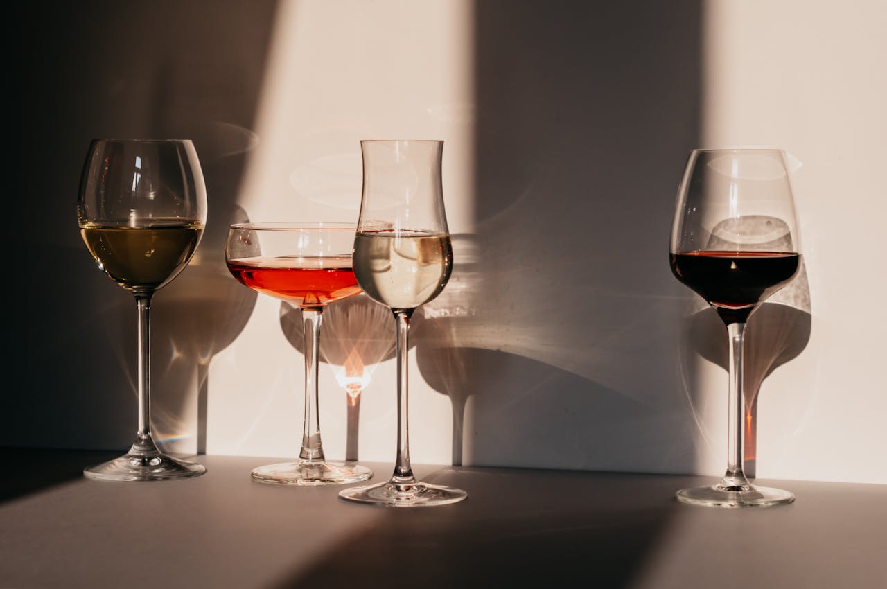 Four assorted wine glasses casting shadows, elegantly lit by sunlight.